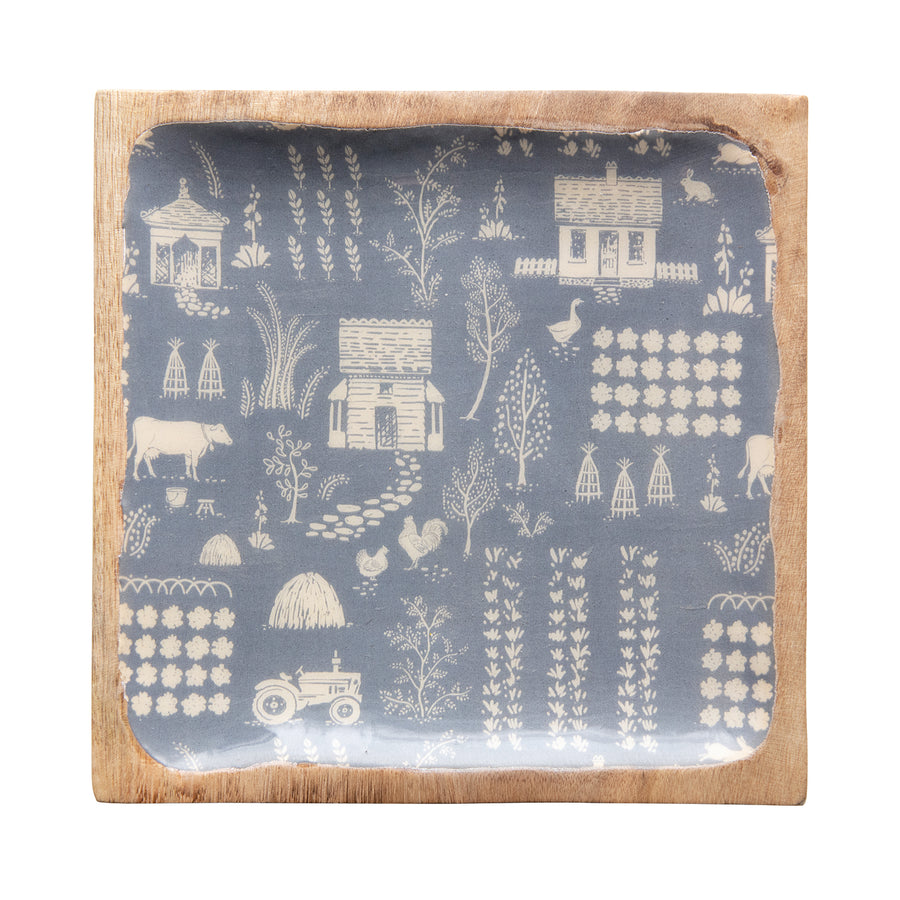 8" Square Enameled Mango Wood Tray w/ Farm Print, Blue © White Background