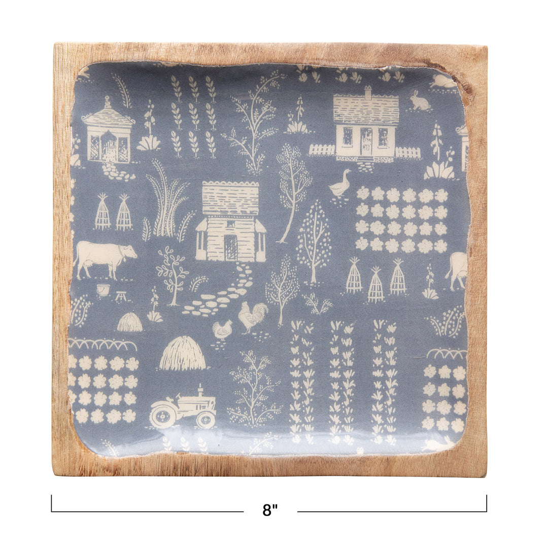 8" Square Enameled Mango Wood Tray w/ Farm Print, Blue © Size Chart