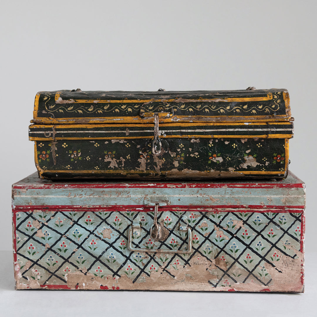 Approximately 20"L x 13"W x 8"H Hand-Painted Metal Storage Box, Heavily Distress Primary Product