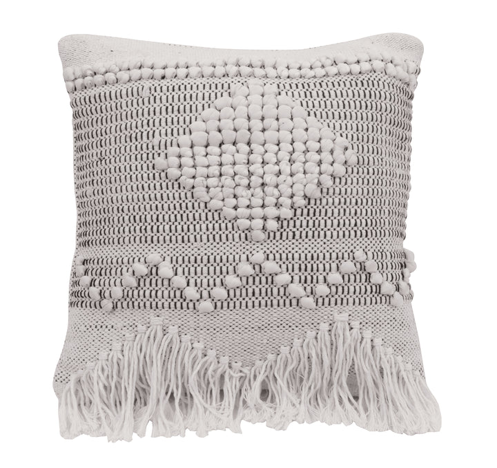 18" Square Textured Woven Cotton Pillow w/ Fringe, Ivory Color & Grey White Background