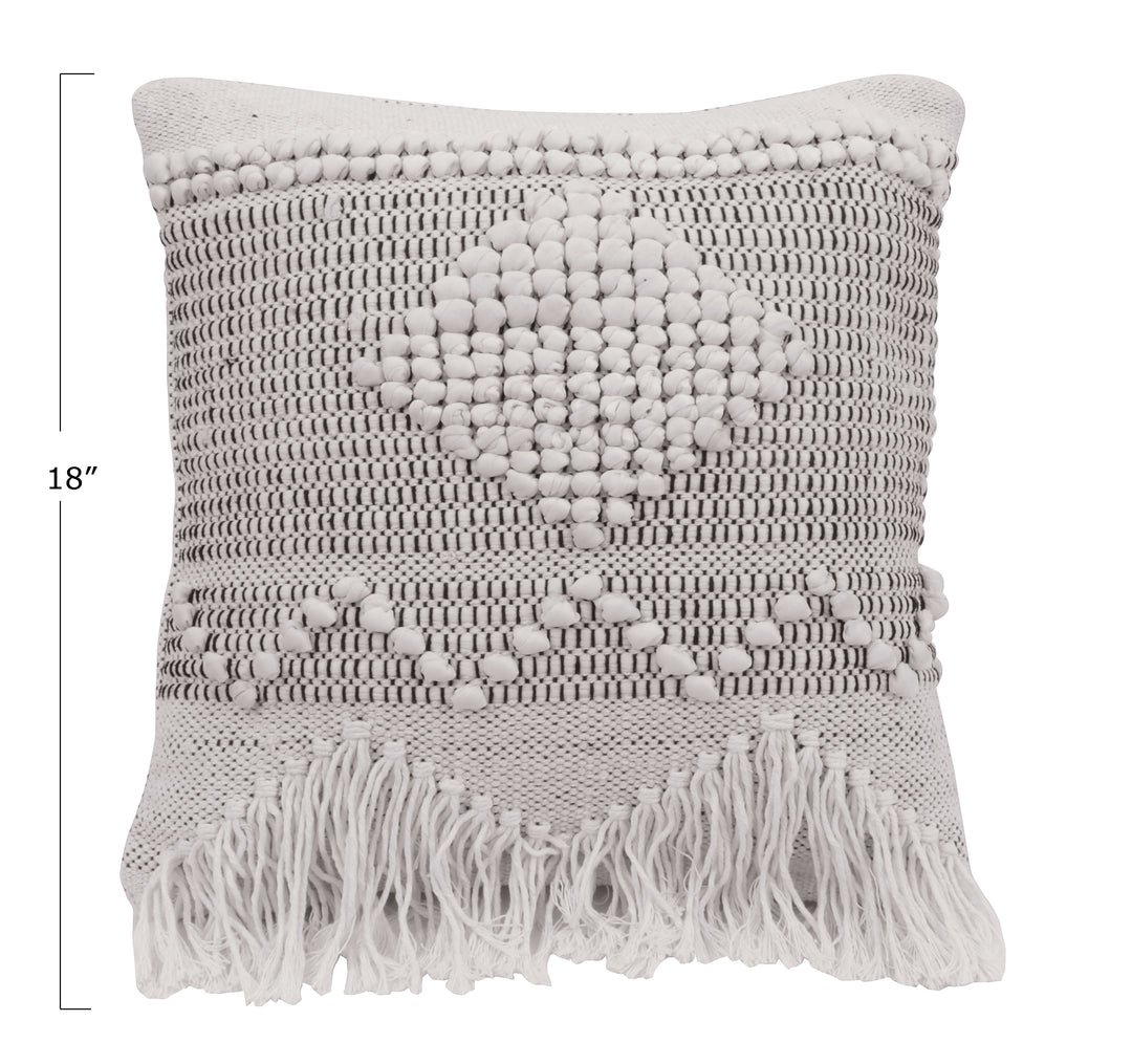 18" Square Textured Woven Cotton Pillow w/ Fringe, Ivory Color & Grey Primary Product