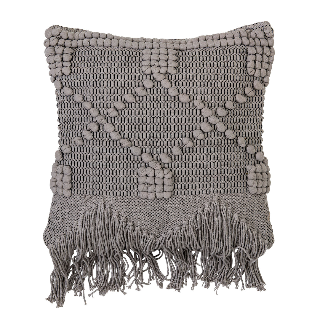 18" Square Textured Woven Cotton Pillow w/ Fringe, Grey White Background