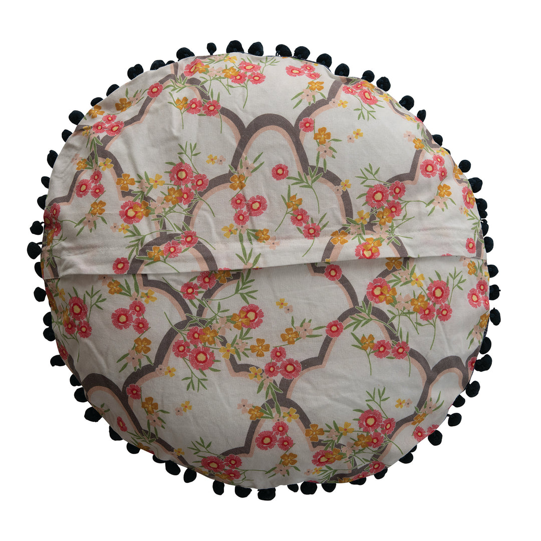 16" Round Cotton Pillow w/ Embroidery, Printed Back & Pom Pom Trim, Multi Color Color Swatch