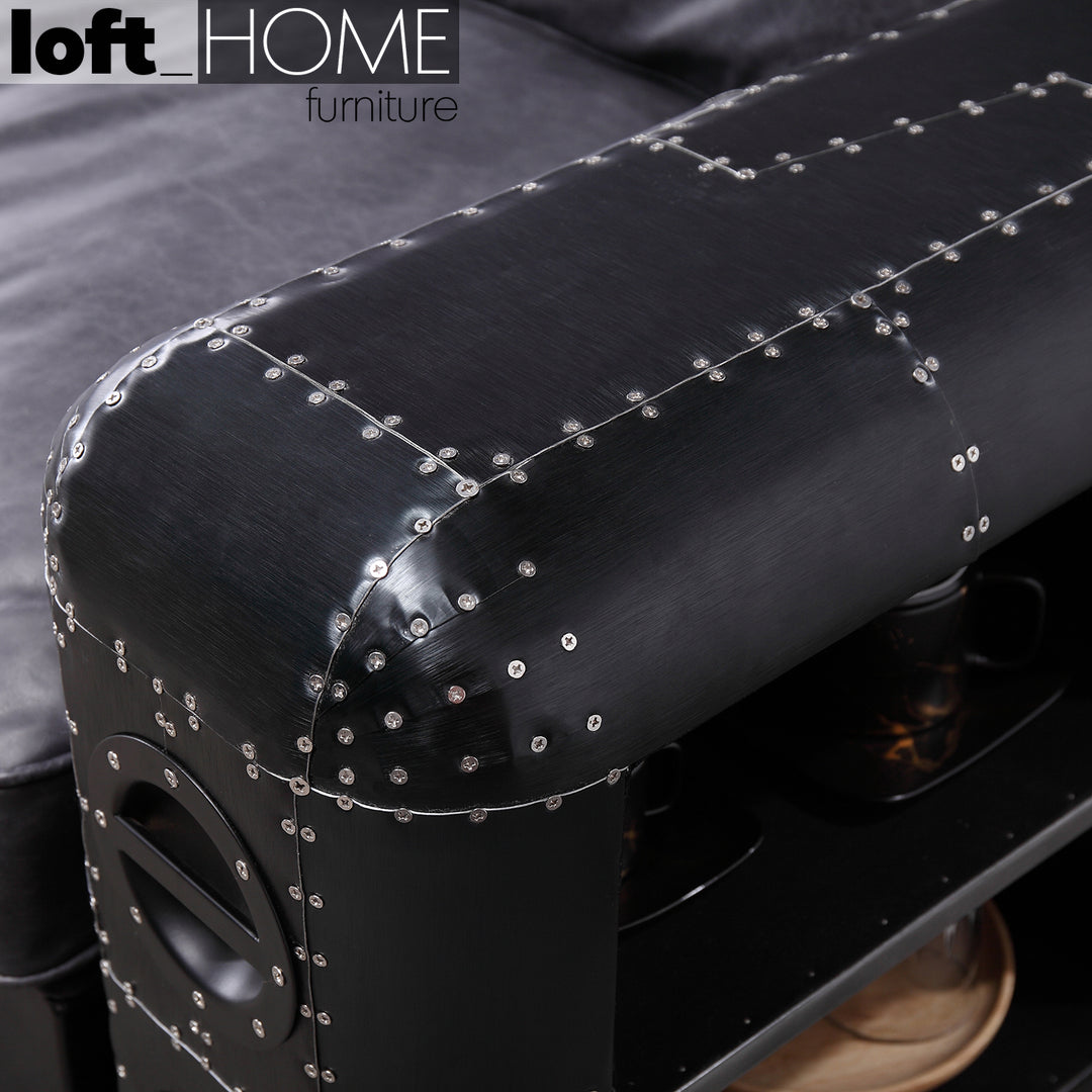 Vintage Aluminium Genuine Leather 3 Seater Sofa BLACK AIRCRAFT Close-up