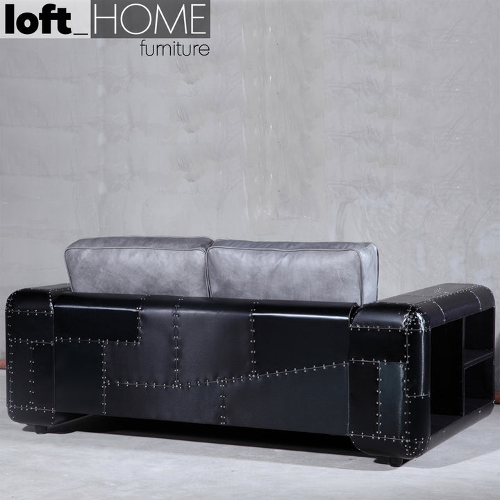 Vintage Aluminium Leather 2 Seater Sofa BLACK AIRCRAFT Layered