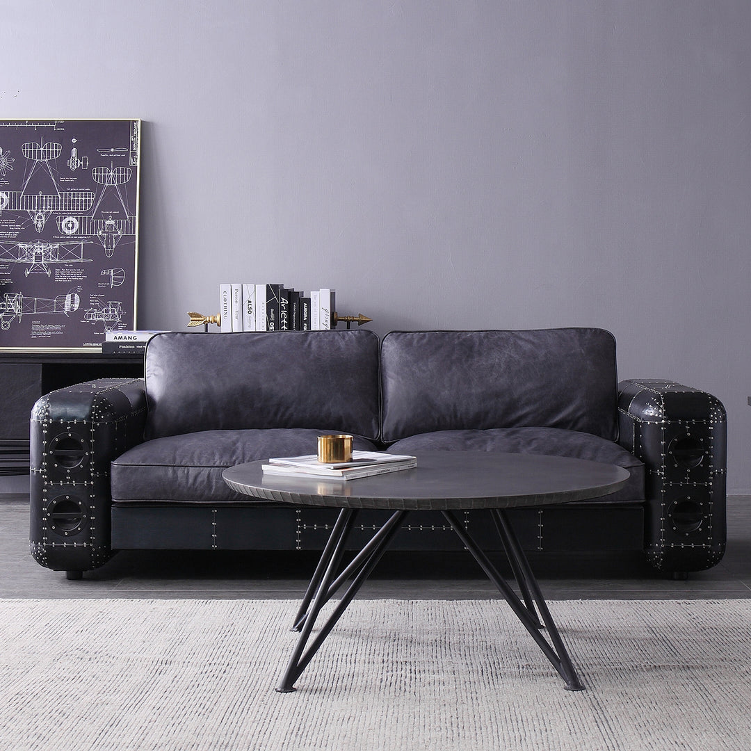 Vintage Aluminium Genuine Leather 3 Seater Sofa BLACK AIRCRAFT Life Style