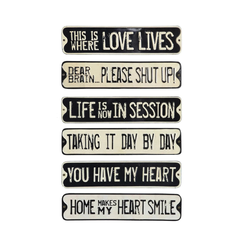 Embossed tin wall decor with saying (set of 6 styles) in white background.