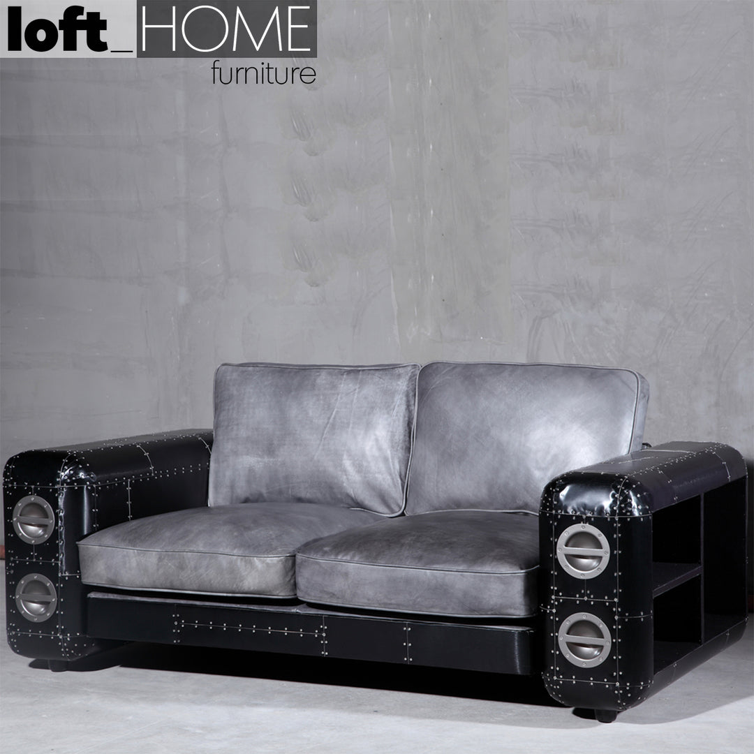 Vintage Aluminium Leather 2 Seater Sofa BLACK AIRCRAFT Situational