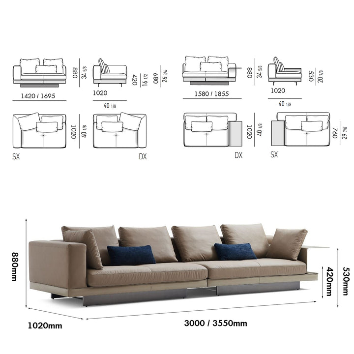 Minimalist Genuine Leather 4 Seater Sofa CONNERY Size Chart
