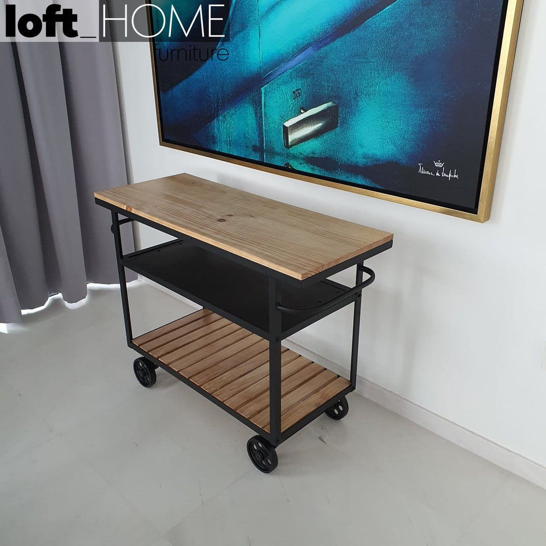 Industrial Wood Side Table TROLLEY Close-up