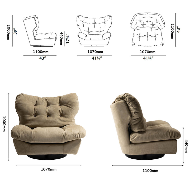 Minimalist Suede Fabric Revolving 1 Seater Sofa MILANO Size Chart