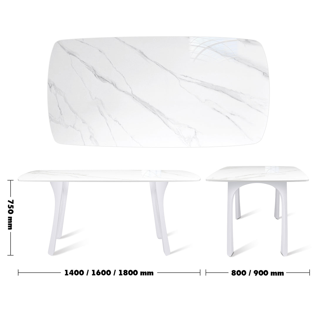 Modern Sintered Stone Dining Table FLY WHITE Size Chart