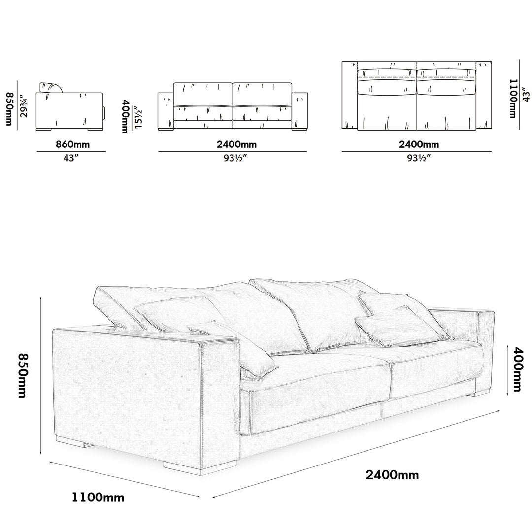 Minimalist Suede Fabric 3 Seater Sofa BUDAPEST Size Chart